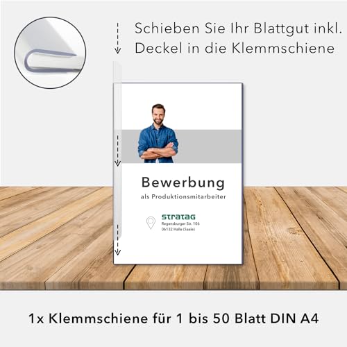 STRATAG Klemmschienen-Bewerbungsset Start Basic (Blau, 5 Stück) mit transparentem Deckel aus PP Kunststoff sowie Binderücken aus robustem 290 g/m² Karton Lederstruktur (5 Bewerbungsmappen Blau)