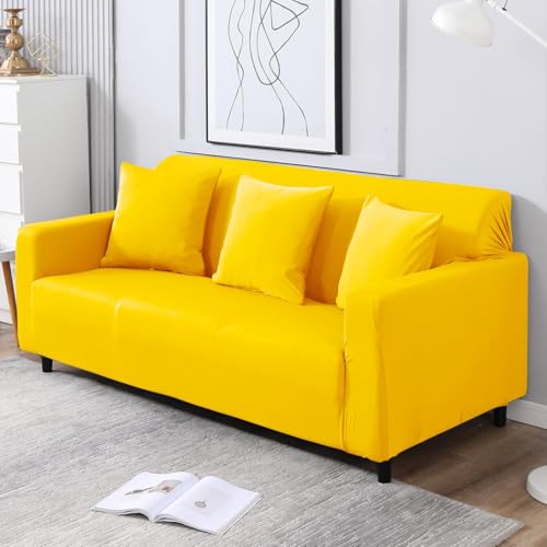 Image of HOKIPO Elastic Stretchable Triple Seater Sofa Cover, Sunny Yellow (NEW-4279-E20)
