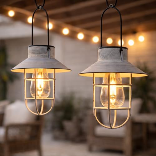 Festive Lights - 2 Pack 21cm Solar Grey Fisherman Hanging Cage Lantern, Warm White Filament Effect LEDs - Antique Rustic Metal Look, IP44 Rated, Outdoor Decorative Garden Light - Integrated Panel