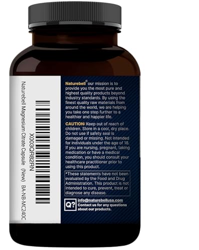NatureBell Pure Magnesium Citrate 500mg per 3 Capsules Serving Size, 240 Capsules per Bottle | High-Purity Elemental Form | Non-GMO, Gluten-Free