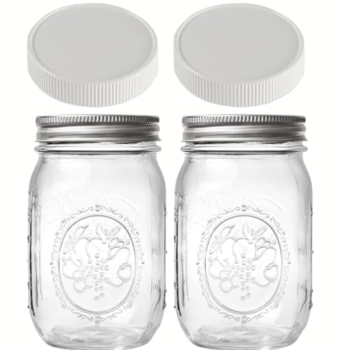 Image of Mason Jars - 16 oz Glass Storage Jars with Regular Mouth Lids - Set of 2, White Lids