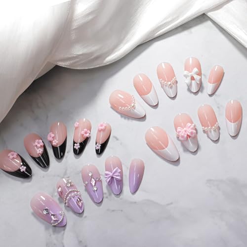 4 Packs (96 Pcs) French Tip Press on Nails Medium Almond Fake Nails 3D False Nails with Bow Pearl Flower Design Glossy Full Cover Artificial Nails Acrylic Rhinestones Nails for Women