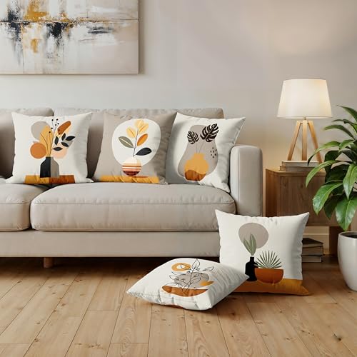 Image of Ultimate Trends Digital Printed Soft Cotton Feel Polyester Decorative Cushion Cover, Modern Eligent Designs, Heavy Long Life Fabric,24 inch X 24 inch Set of 5,Beige White