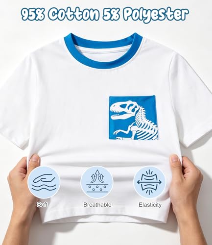 grehava Boys T-Shirts 7-8 Years Kids Pocket Graphic Tee Shirts for Summer Casual Vacation Fishing Birthday Party Camisa para niño White Dinosaur — view 4