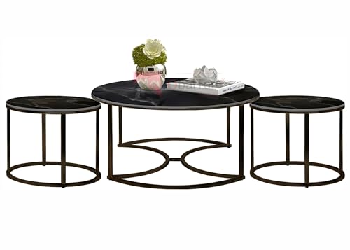 Image of 3 Piece Living Room Set - 1 Center and 2 End Nesting Tables, Round Stacking Coffee Side for Small Space, Nightstand Bedside Black