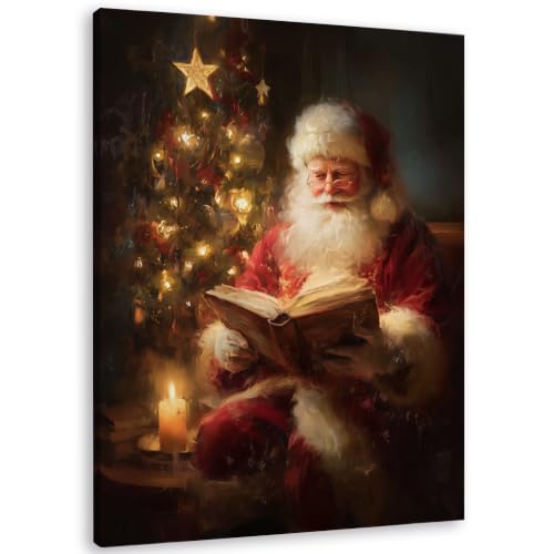 TLESKE Winter Christmas Santa Claus Reading Canvas Wall Art Decor 11x14