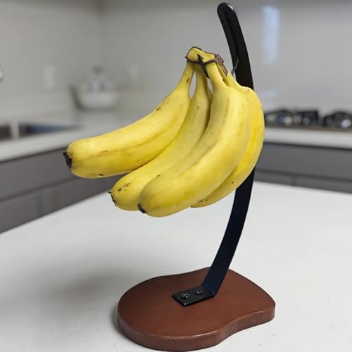 Modern Banana Stand with Wooden Base, 33 cm Height, Metal Hook Design Banana Holder, Kitchen Counter Fruit Hanger - Image 2