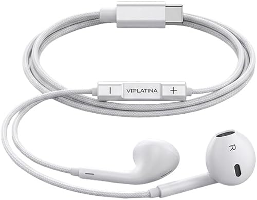 Viplatina HF10 Type-C Wired Earphones, HiFi Stereo In-Ear Headphones with Built-in Mic & Volume Control for Samsung, Huawei, Xiaomi & Type-C Devices - White