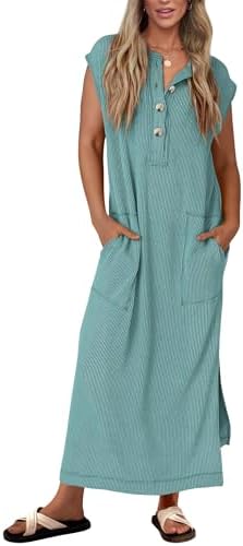 KIRUNDO Womens Summer Dresses 2026 Spring Ribbed Knit Henley Short Sleeve Maxi Dress Button Up Loose Beach Vacation Sundress