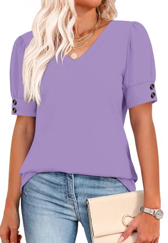 Image of OFEEFAN Womens Tops Short Sleeve Shirts Buttons V Neck Spring Fashion Summer Outfits Plus Size Blouses Dressy Casual