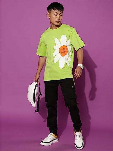 Image of Veirdo Cotton Black & Limeade Oversized Fit Half Sleeve Crew-Neck Floral Printed Longline T-Shirt for Men