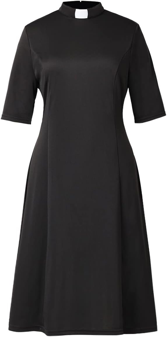 CAMDOM Church Clergy Dress for Women Minister Half Sleeve Loose Elegant Dress with Tab Collar