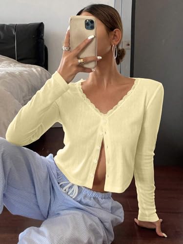 BAIGRAM Women Long Sleeve Button Down Open Front V Neck Crop Cardigan Shirt Y2K Lace Patchwork Pointelle Knit Minimalist Tops3