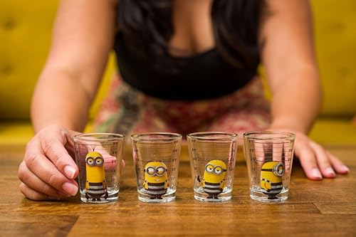 Image of Silver Buffalo Minions Despicable Me Mug Shot Featuring Bob, Stuart, Tim, and Dave 4 Pack Mini Glass Set, 1.5 Ounces