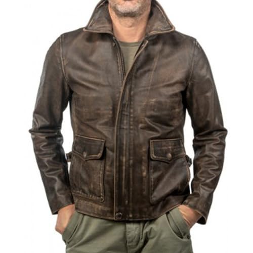 Image of Men's Classic Action Cowboy Distressed Brown Indiana Harrison Vintage Lambskin Bomber Leather Jacket