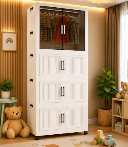 Image of Plastic Wardrobe for Cloths | 4 Layer Stackable Almirah with Hanging Rod, Transparent Doors, Wheels | Foldable Storage Cabinet Organizer for Clothes /Books /Toys