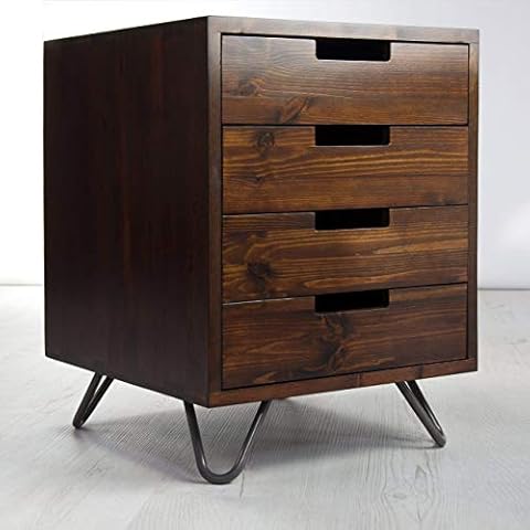 Vintage Retro Industrial Side Table/Desk Unit - Four Drawer. Metal Hairpin Legs. Solid Wood. Rustic Dark Wood Jacobian Finish Cover