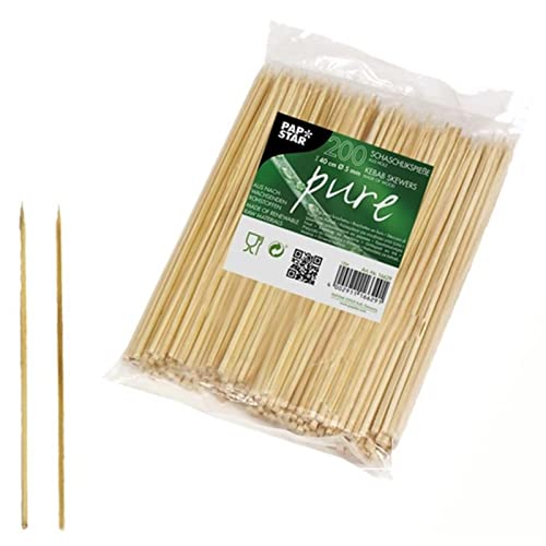 Papstar Schaschlikspieße / Holzspieße pure (200 Stück) aus stabilem Birkenholz, extra große Länge 40 cm, Durchmesser 0.5 cm, einseitig spitz, flache Seite zum Greifen, für Partys/Grillfeste, #16629