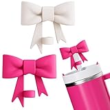 2Pcs Bow Straw Covers Compatible with Stanley Cups, White and Hot Pink Straw Toppers for Stanley Cups Accessories, Cute Silicone Straw Cover Cap for Stanley 30&40 Oz Tumbler