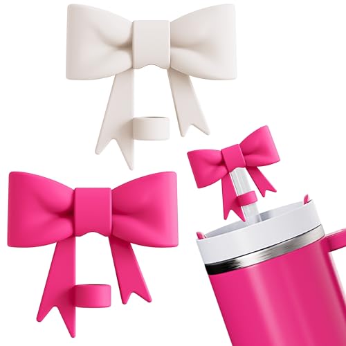 2Pcs Bow Straw Covers Compatible with Stanley Cups, White and Hot Pink Straw Toppers for Stanley Cups Accessories, Cute Silicone Straw Cover Cap for Stanley 30&40 Oz Tumbler