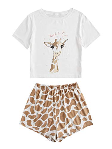 Soly Hux Women's Cute Cartoon Print Sleepwear Short Sleeve Tee With Shorts Pajama Set Multicoloured M #TOP29