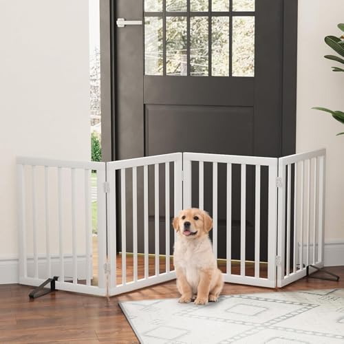 Freistehende Hundegitter für Türen, Faltbares Hundegitter Innen, Haustiergitter für Türen Schlafzimmer, Welpengitter mit Metallstützfüßen, Raumteiler 4 Paneele (Weiß)