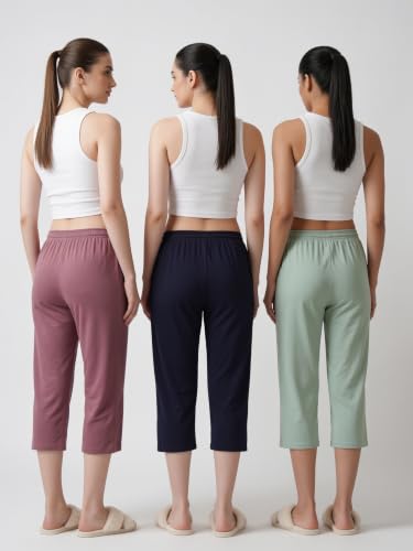 Image of Fflirtygo Women's Cotton Plain Calf Length Capri | Nightwear Pajama | 3 /4th Solid Pyjama Pant | Black Navy and Lavender Lounge Pants | Casual wear & Lounge Wear Capri Combo (Pack of 3)