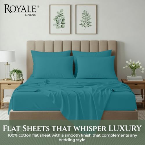 Image of Royale Linens 100% Organic Cotton Full Size Flat Sheet Only - Percale Top Sheets - Full Flat Sheet Sold Separately - Lightweight & Super Soft 100% Cotton Teal Bed Sheets Only (81 inch x 96 inch, Teal)
