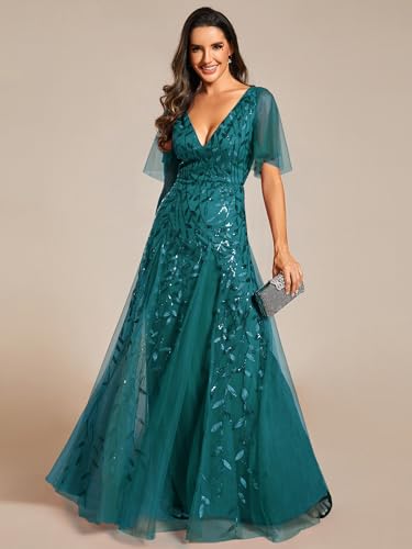 Image of Ever-Pretty Women's Sequin Formal Dresses Evening Gown Sparkly V-Neck Short Sleeve Floor Length Mother of The Bride Dress 736