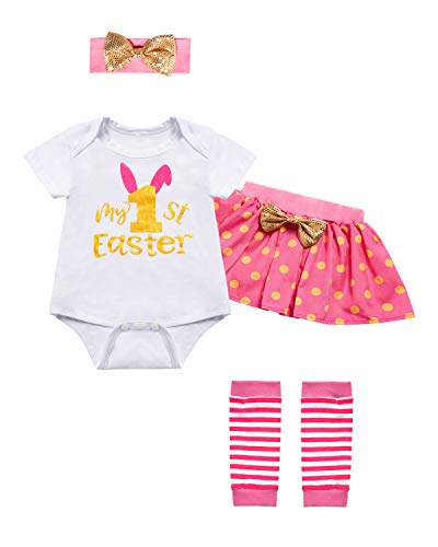 My 1st Easter Skirt Sets Infant Baby Girl Short Sleeve Romper Bodysuit Tops+Tutu Skirts+Leg Warmers+Headband 4Pcs Outfits (0-3 Months) Rose Red