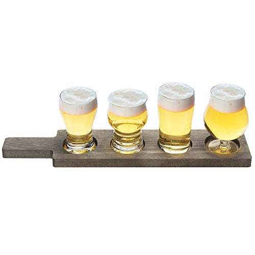 Mygift Rustic Gray Solid Wood Paddle Shaped Beer Flight Board With Beer Glasses, Pub Party Tasting Flight Set With 5 Oz Craft Beer Sampler Glasses, 5 Piece Set #TOP5