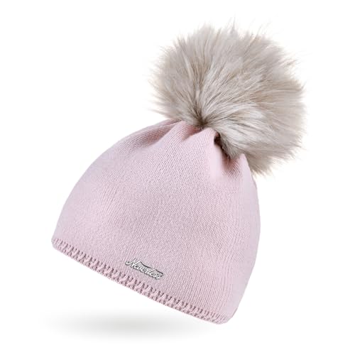 Neverless® Damen Strickmütze Strick-Beanie mit Bommel Winter-Mütze Bommelmütze Feinstrick Rosa
