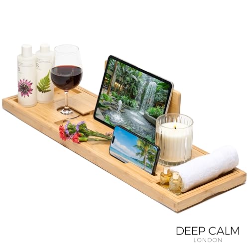Deep Calm Badewannenablage - Verstellbares Bambus-Badewannenbrett - rutschfeste Badewannenablage Passend für die meisten Badewannen - Hält Buch, iPad, Telefon, Glas, Kerze