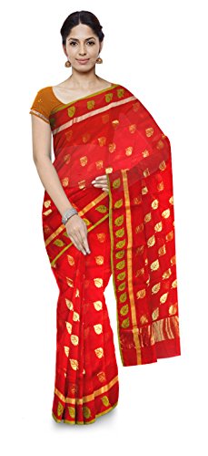 FANKAR CHANDERI HANDLOOM Cotton and Silk Saree with Blouse Piece (Red and Golden)