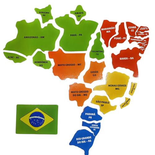 Quebra-Cabeça Educativo Mapa do Brasil em Madeira, Estados e Regiões Coloridos