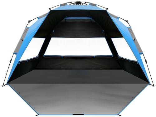 OutdoorMaster Beach Tent with Blackout Shelter Technology, Portable Sun Shade Shelter 4 Person, Pop Up Beach Tents with UPF 50+ UV Protection, 9.5mm Thick Pole, 3 Ventilating Mesh Windows -Blue
