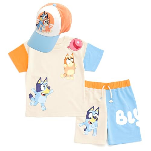 Bluey Bingo Toddler Boys Drop Shoulder T-Shirt French Terry Shorts and Adjustable Snapback Baseball Cap 3 Piece Outfit 3T