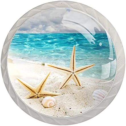 NEWzone 4 Pack Dresser Drawer Cabinet Knobs Starfish Coast Sea Shells Round Shape Crystal Glass Knobs Pulls Handles for Kitchen Wardrobe Cupboard Door Hardware with Screws, 35mm