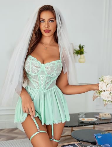Image of Avidlove Women Lace Mesh Babydoll Lingerie Set with Garter Belt