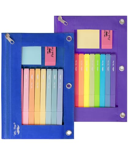 Image of Mr. Pen- Pencil Pouch for 3 Ring Binder, 2 Pack, 10 inchx6.75 inch, Smooth Zipper | Clear Window, Large Capacity Pencil Case with 3 Reinforced Grommets for School, Office, Supplies Storage | Clear Window, Large Capacity Pencil Case with 3 Reinforced Grommets for School, Office, Supplies Storage