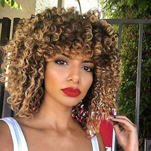 Ombre Blonde Yellow Afro Curly Synthetic Wig with Bangs, 14 inch Shoulder Length High Temperature Heat Resistant Hair None Lace Full Wig for Women