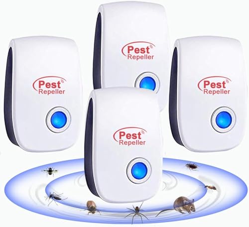Repelente Ultrasónico de Plagas, 4 Pack Electrónico Repelente Mosquitos Control de Plagas, Repelente Ultrasónico Mosquitos para Anti Mosquitos, Moscas, Ratones, Cucarachas, Arañas, Roedores