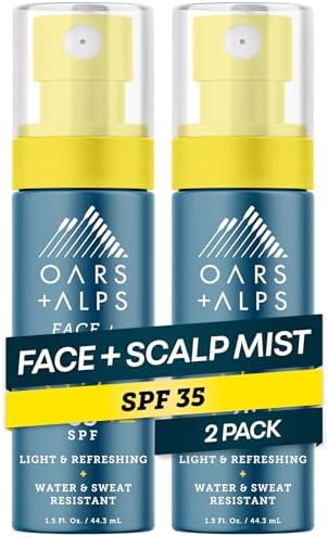 Oars + AlpsFace & Scalp Sunscreen Spray Mist, SPF 35 Facial & Hair Sunscreen, Water & Sweat Resistant, Infused with Aloe Vera + Cucumber, Summer Splash Scent, 1.5oz, 2pk