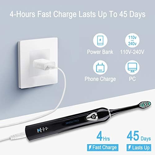 CallySonic Sonic Electric Toothbrush for Adults and Juniors, 48,000VPM Rechargeable Toothbrushes with Normal, Sensitive, Massage Modes, 4 Replacement Brush Heads - H31 Black