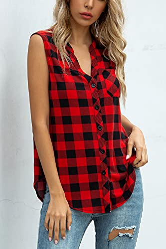 Women's Sleeveless Button Down V Neck Casual Plaid Shirts Tank Tops Blouse2