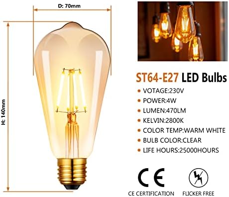 E27 Edison Vintage Bulb 4W40W Equivalent),2800K LED Light Bulb,Retro Amber Glass ST64 Screw Lamp,470LM-Pack of 3