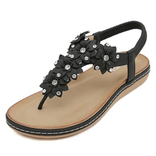 ulogu Black Thong Flat Sandals Women Comfortable Dressy Cute Summer Shoes T-strap Ladies Beach Flip Flop Flower Rhinestone Vacation Fashion Casual Sandalias Para Mujer elegantes De Verano Size 7.5
