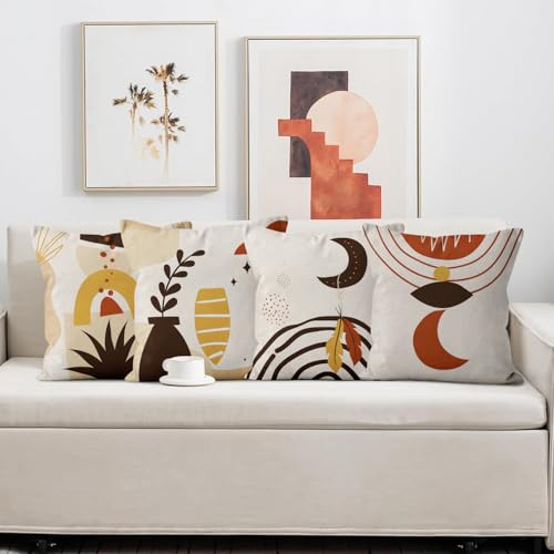 ASDCXZ Abstrakt 4er Set Kissenbezug 40x40 cm Boho Quadratisch Couch Sofa Dekoration Kissenbezüge, Modern Minimalistisch Kunst Sonne Mond Blätter Beige Waschbar Polyester Textil Outdoor Kopfkissenbezug