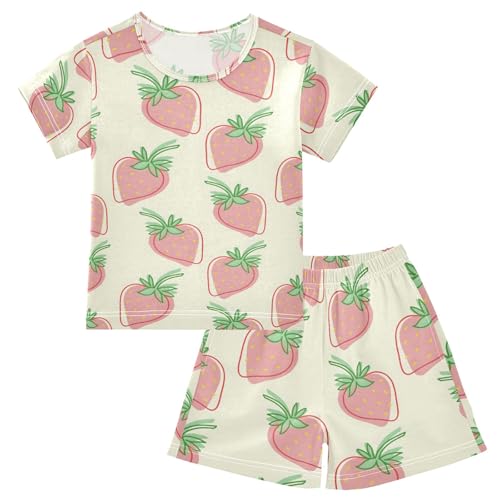 Strawberry Cute Pink Cartoon Pattern Summer Cute Pajama Sets, Short Sets for Daily Wears and Sleep Wears