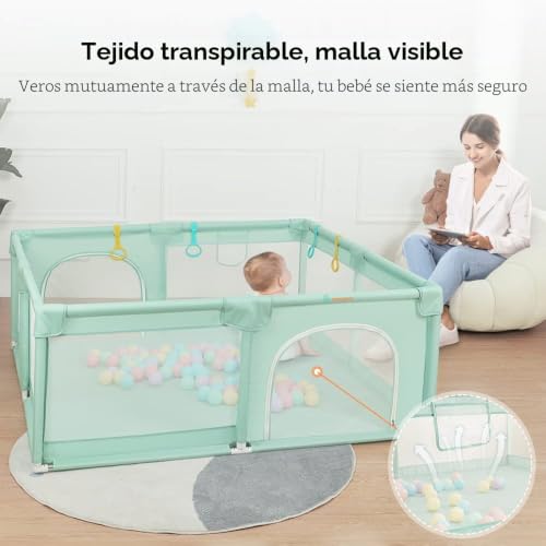 Miniatura 3 de Comomy Parque Infantil Bebe, 200 X 180 X 66 Cm Corralito Bebe Con 50 Pit Balls, Mini Basketry Y 4 Pull Rings, Corral Bebe Con Malla Suave Y Transpirable, Centro De Actividades Para Niños, Verde